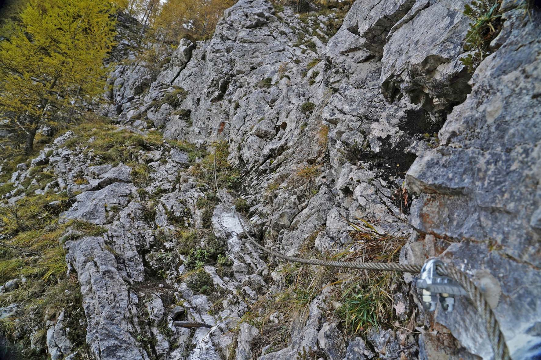 Rund 30 Meter Stahlseil und mehrere Eisenbügel im oberen Bereich des neuen Steiges sollen Bergsteigerinnen und Bergsteigern das Überwinden einer rund zehn Meter hohen Geländekante ermöglichen. Der neue Steig wird schwieriger zu begehen sein als der alte, durch einen Felssturz verschüttete Weg.