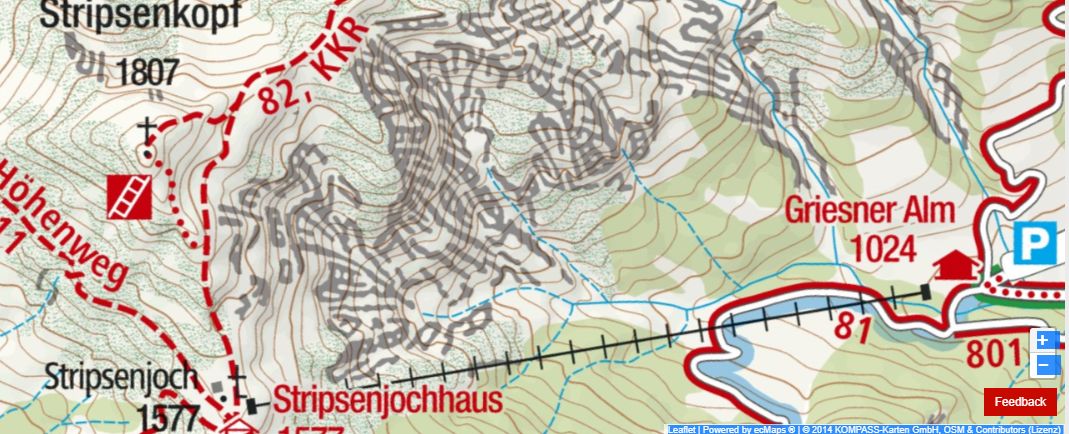 Ausschnitt Stripsenjoch aus der Kompass-Wanderkarte