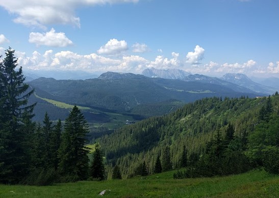 Blick vom Gimplingsattel hinunter auf die Winklmoosalm