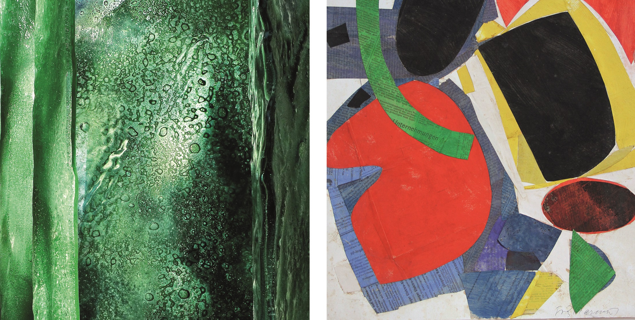 Florian Lechner, Grüner Raum, 1977, Grünes Glas, formgeschmolzen. Fritz Harnest, Moments Musicaux (im Raum sich ordnend), 1952, Collage auf Karton. Bildrechte: Florian Lechner und Fritz Harnest, VG Bild Florian Lechner, Grüner Raum, 1977, Grünes Glas, formgeschmolzen. Fritz Harnest, Moments Musicaux (im Raum sich ordnend), 1952, Collage auf Karton. Bildrechte: Florian Lechner und Fritz Harnest, VG Bild